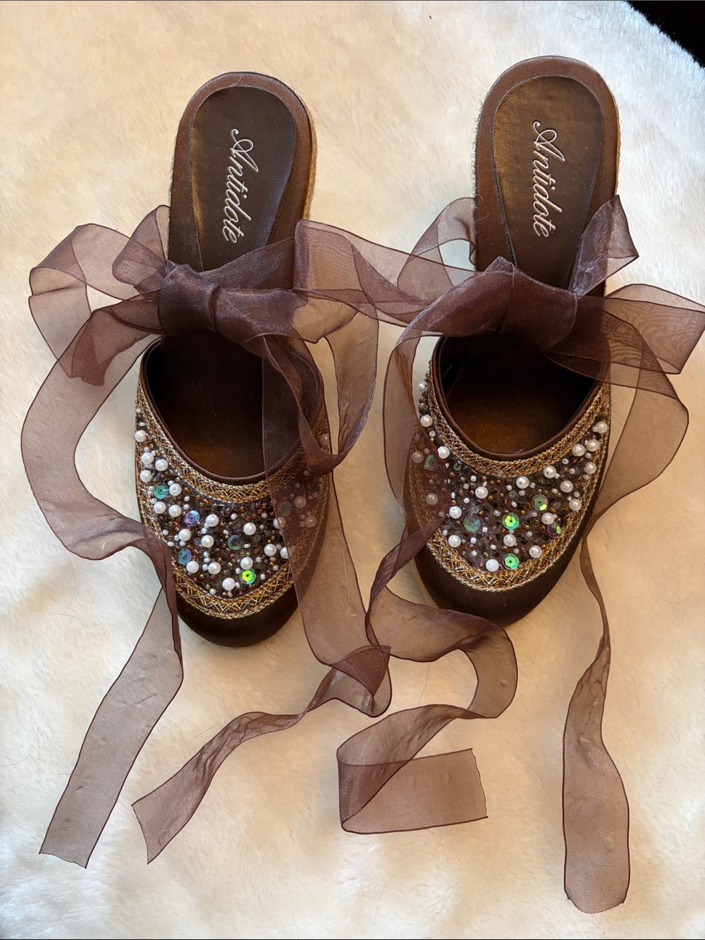 Antidote Brown Embellished Pearl Tie Espadrilles with Sheer Ribbons